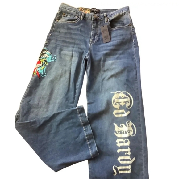 ED HARDY HIGH RISE WIDE LEG EAGLE EMBROIDERED JEANS SZ 26